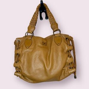 Michael Kors Woodside Braided Handle Leather Satchel Bag Cognac Brown